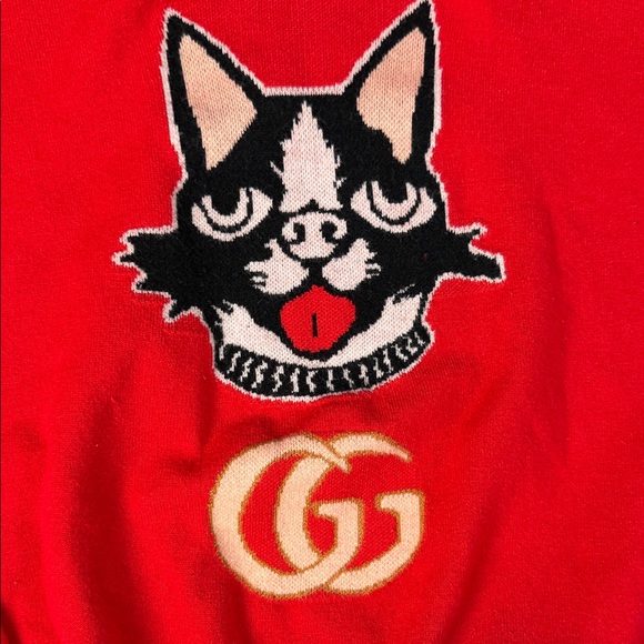 Gucci Red Knit Sweater with Cat Graphic and GG Logo - Picture 2 of 3